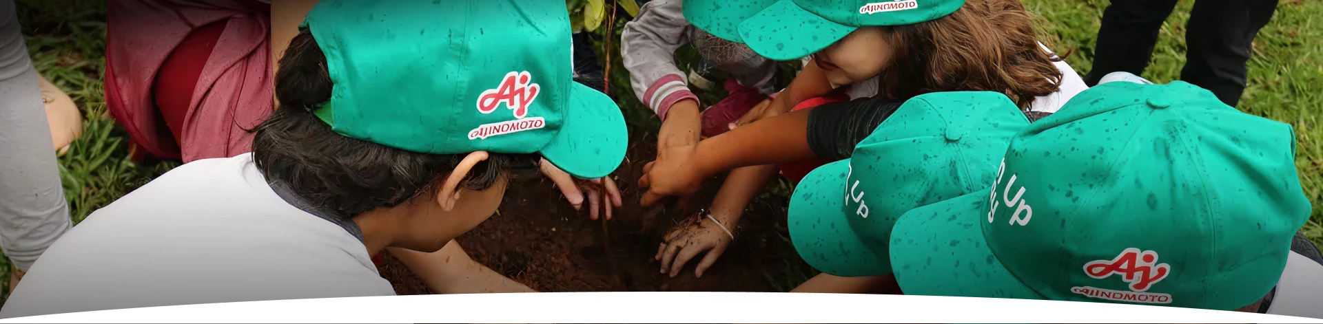 Voluntários com bonés verdes plantando na terra